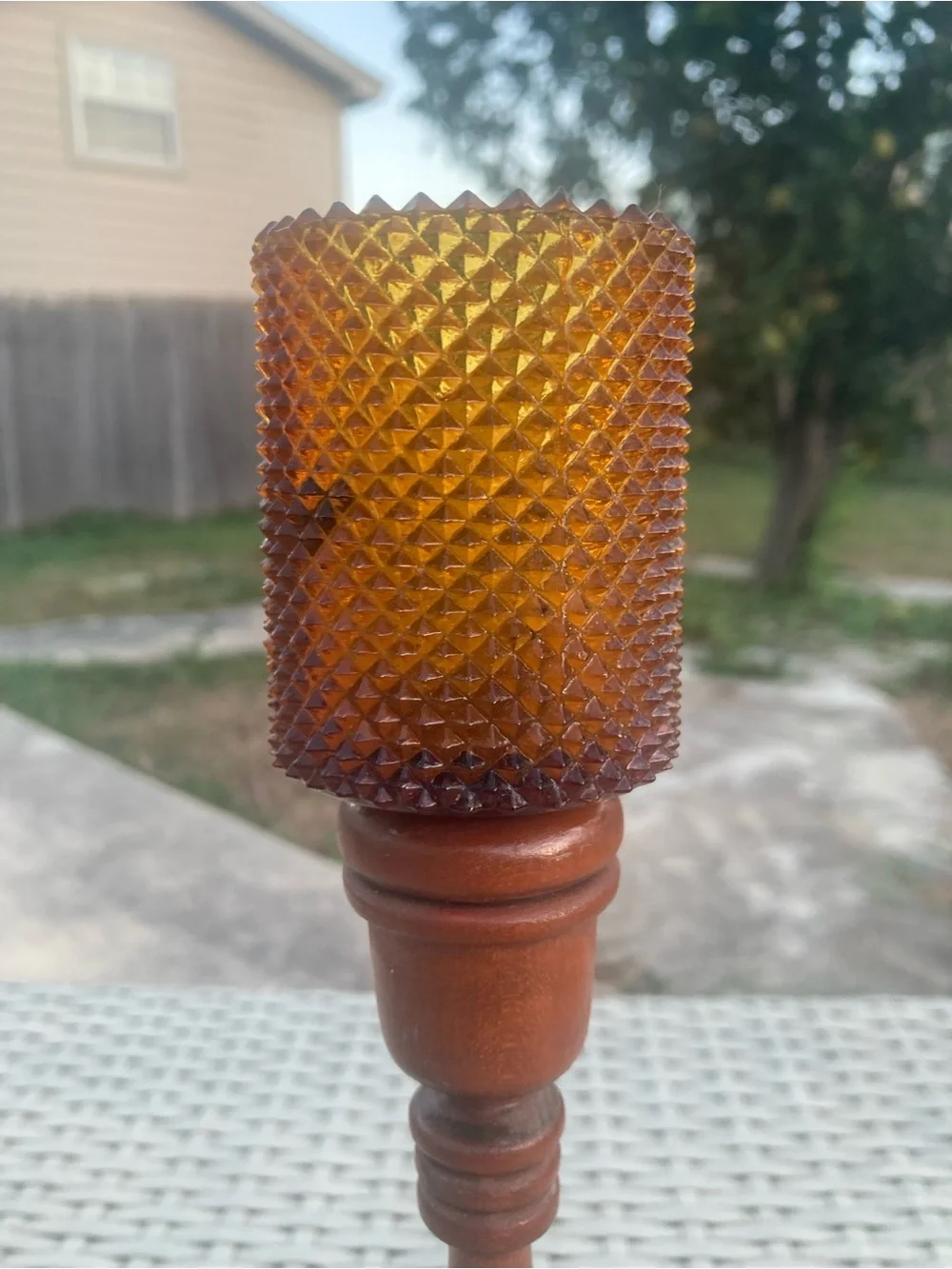 Vintage Amber Glass and Wood Candle Holder - Home Accents
